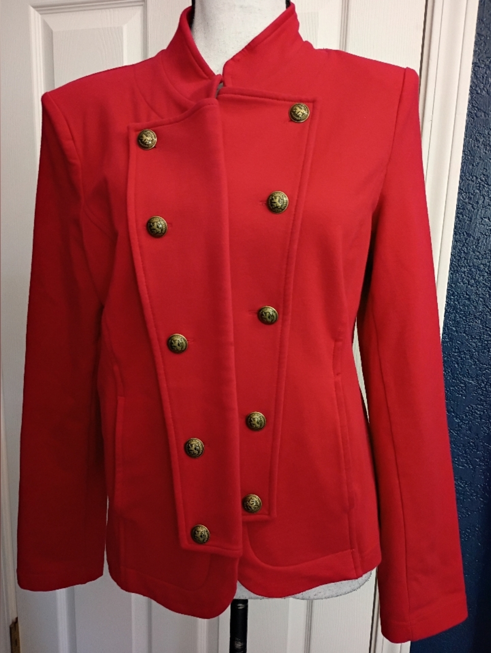 Tommy Hilfiger Red Double-Breasted Peacoat with Brass Buttons